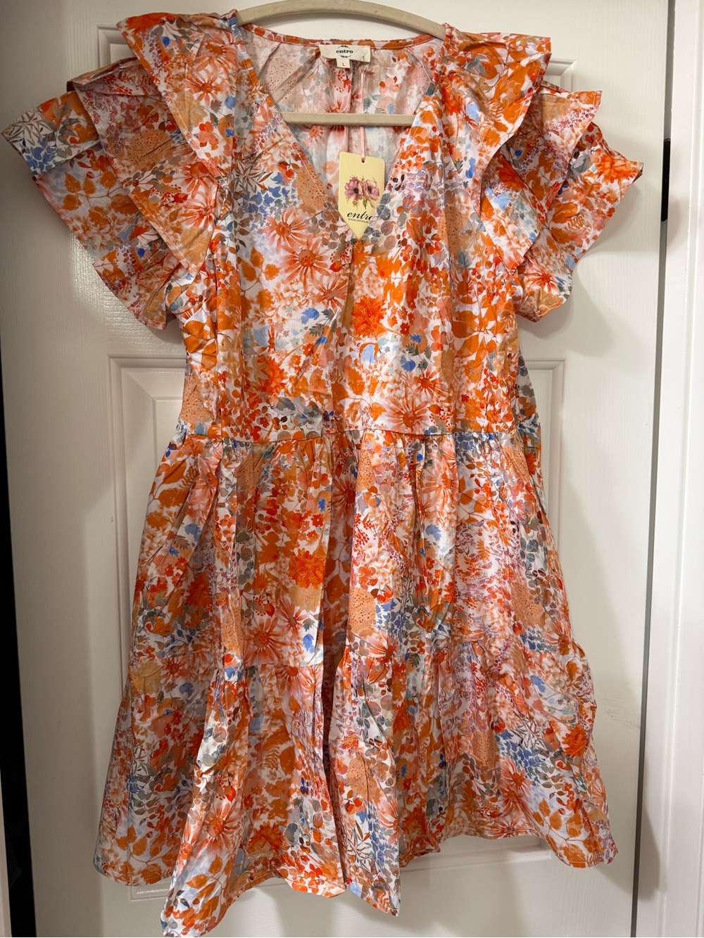 entro Orange Floral Ruffle Dress with Blue Accents *NWT